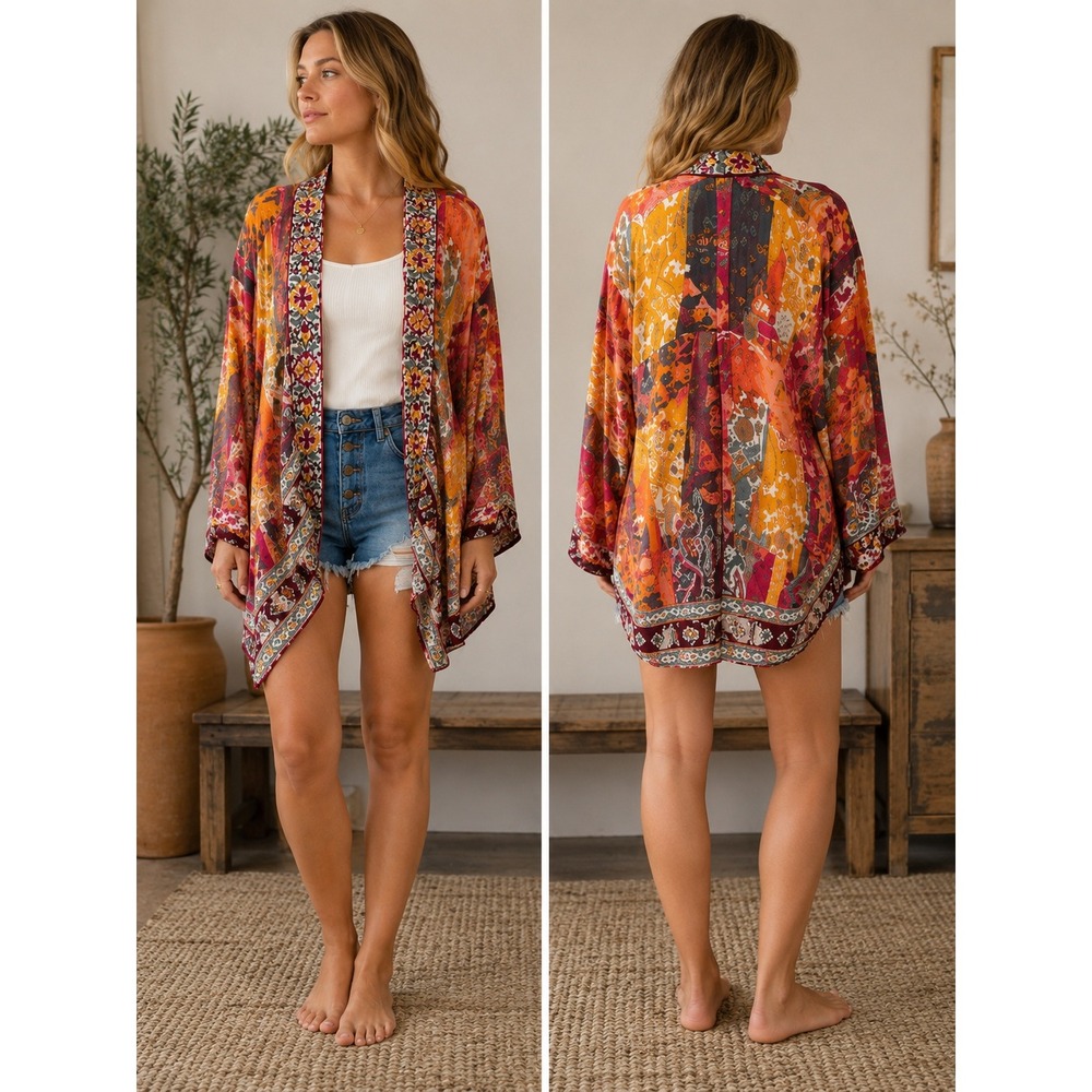 Love Kyla Boho Kimono Cardigan Womens One Size Embroidered Patchwork Viscose
